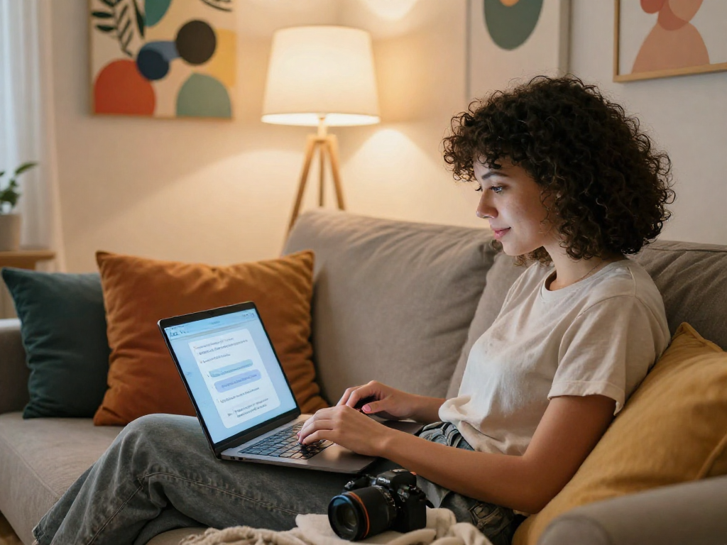 Engaging in AI sex chat on a cozy couch with warm lighting and modern decor.