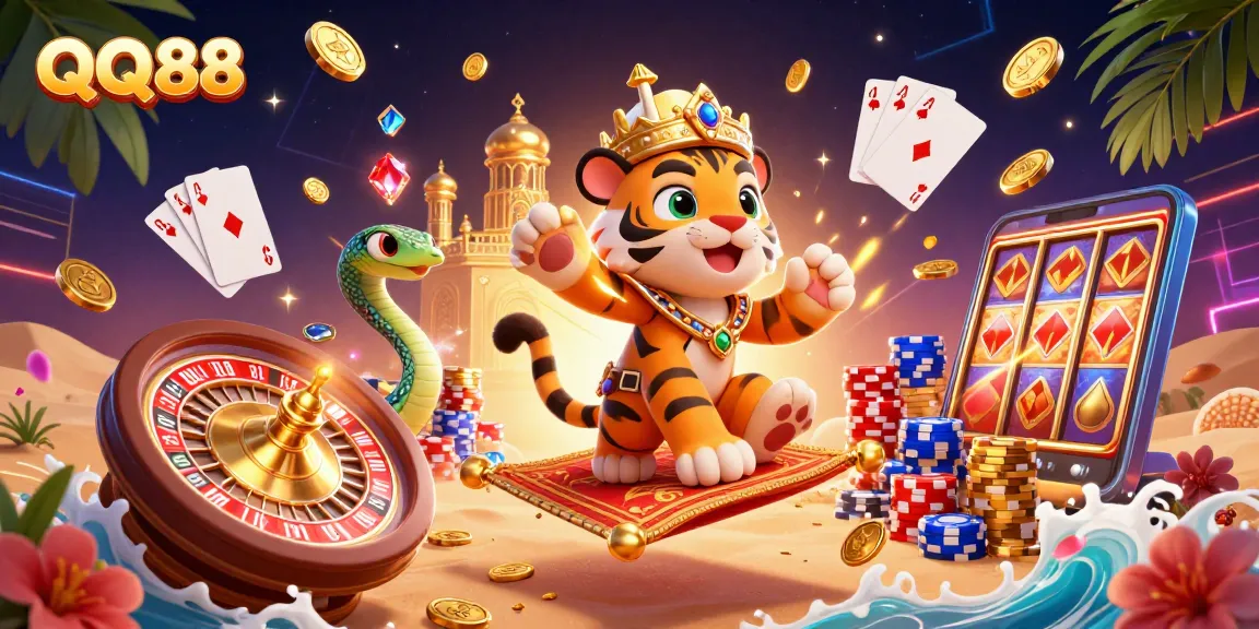Experience the thrill of online gambling at QQ88, featuring rich visuals of slots, poker, and stunning casino elements.