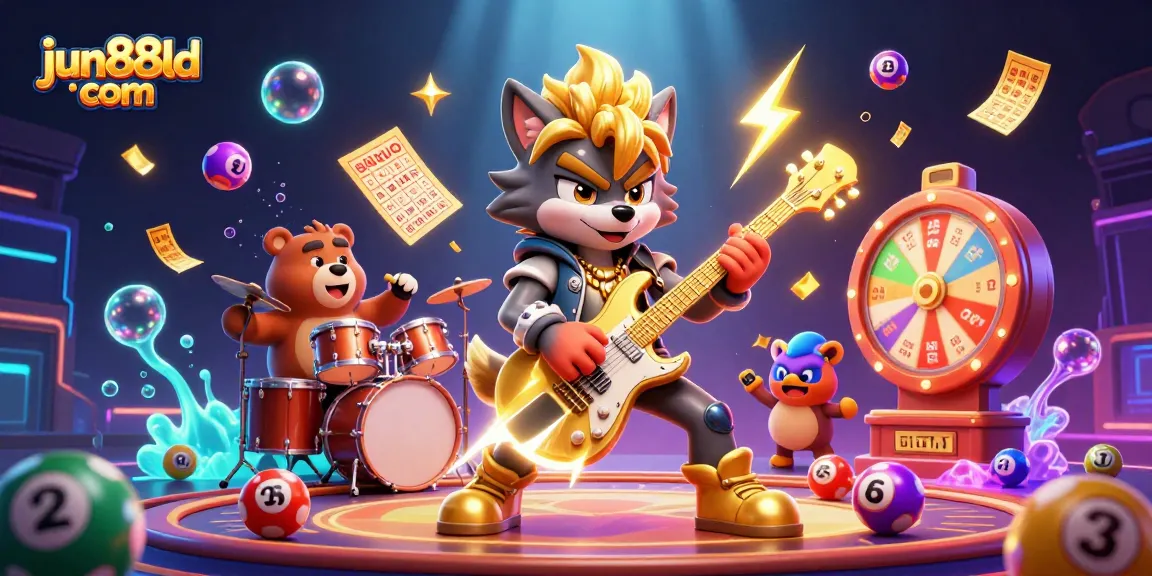 Experience high-energy fun at jun88ld com with cartoon rock stars and colorful lottery elements in a lively casino scene.