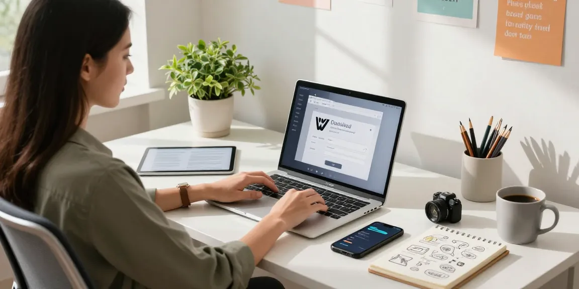 WPS Download interface on a laptop in a stylish home office workspace, enhancing productivity.
