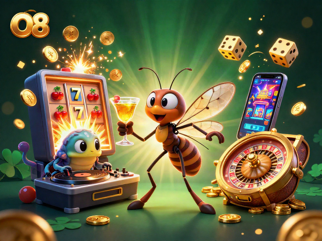 Join the excitement with O8 at a vibrant casino scene featuring golden cocktails and massive jackpots.