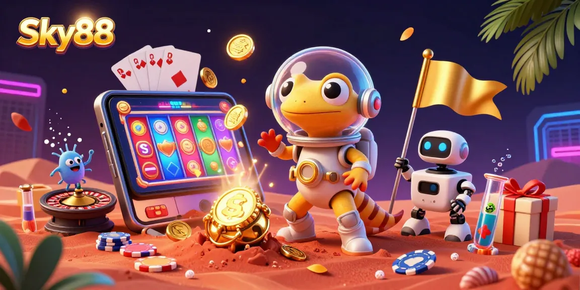 Engage with thrilling casino gaming at Sky88, featuring a vibrant Martian gecko and exciting slot games.