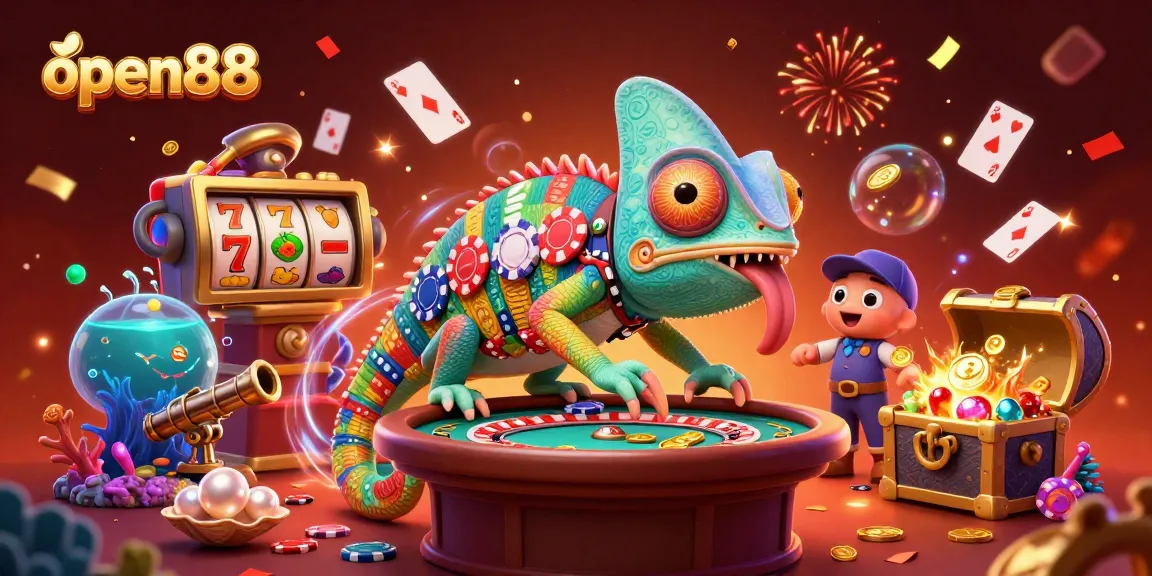 Experience the thrill of open88 with a chameleon casino owner amidst dynamic gaming elements.