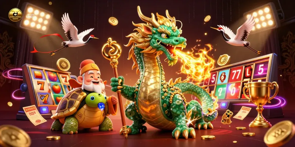 Experience the thrill of casinosnz real money casino with a dynamic 3D illustration featuring a jade dragon and lucky symbols.
