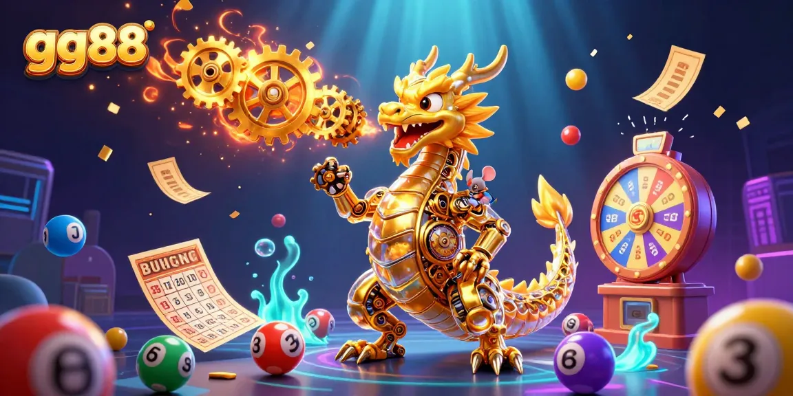 Engage with gg88's thrilling world of online gaming featuring a golden biomechanical dragon amidst colorful lottery elements.