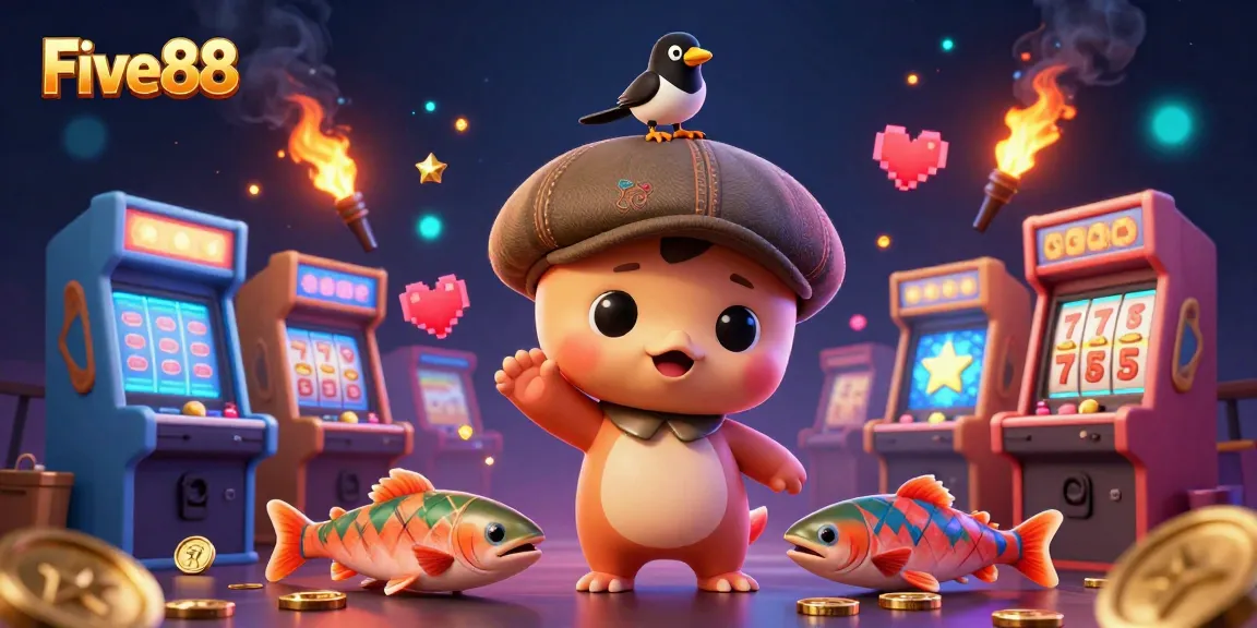 Engage with the vibrant casino atmosphere of Five88, showcasing playful characters and luminous game elements.