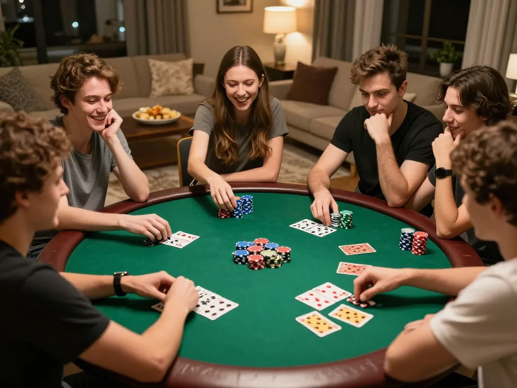 Friends enjoying an exciting poker night at home, strategizing their bets with 32win gameplay.