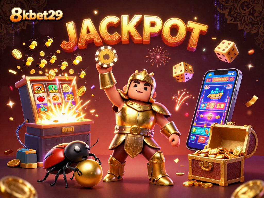 Engage with 8kbet29's vibrant jackpot scene featuring animated characters celebrating wins in an exciting casino ambiance.