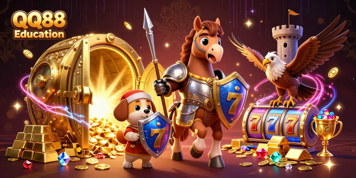 Engage with QQ88 Education's thrilling 3D casino world featuring a knight, puppy, and falcon dynamically interacting.