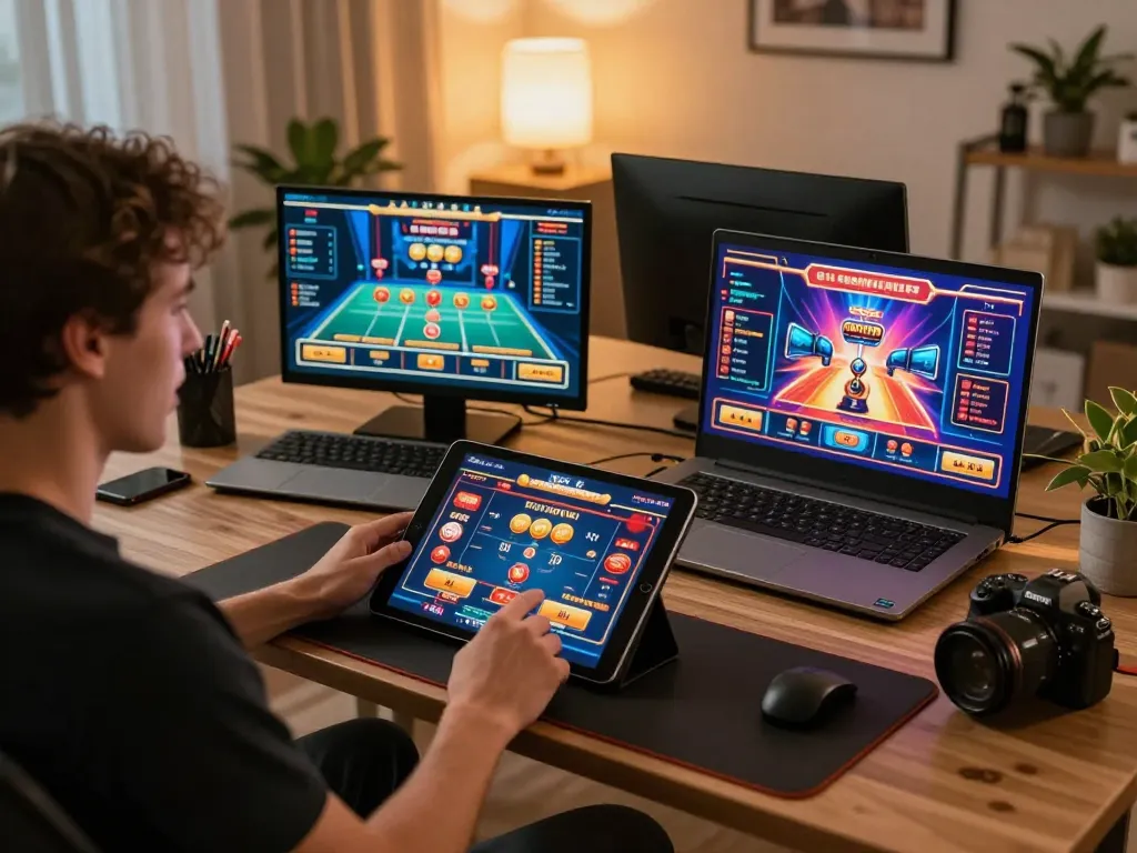 Engaging in online gaming at trang chủ F168 with vibrant graphics on multiple screens.