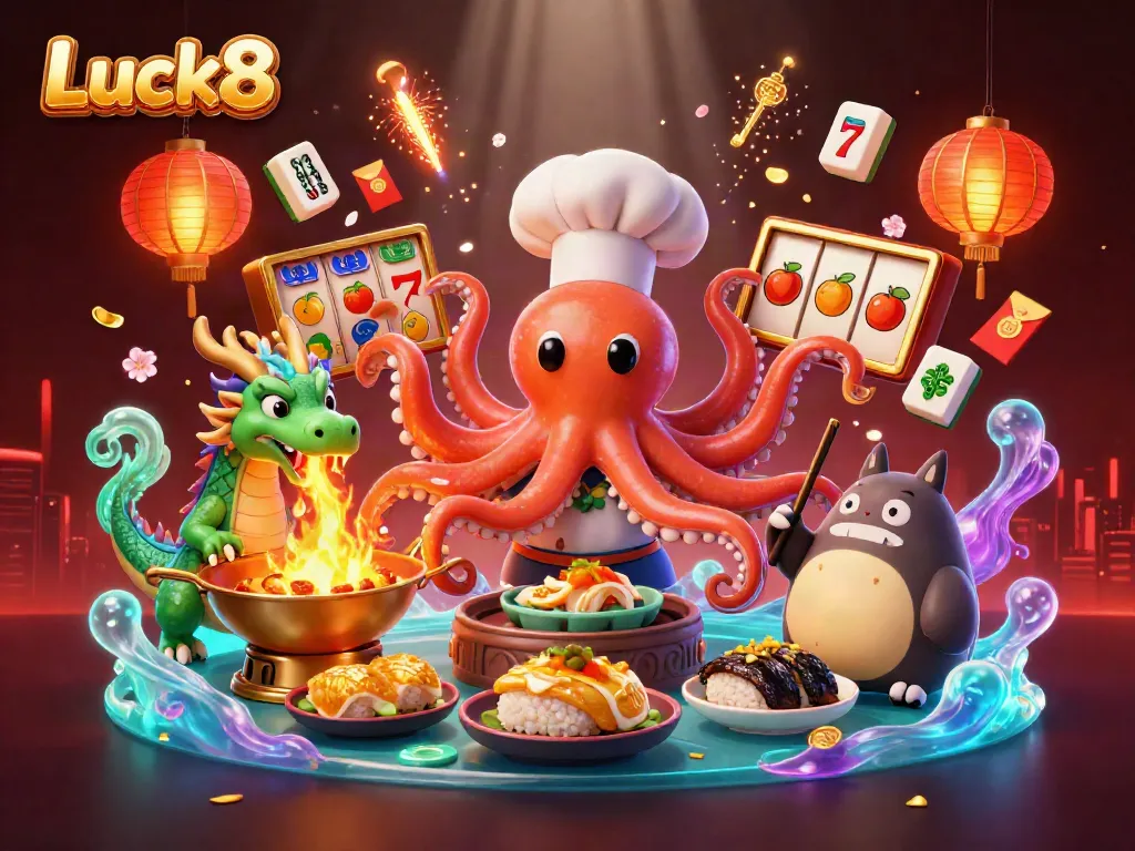 Experience the colorful dynamic world of Luck8 with sushi chef octopus, dragon, and tanuki among vibrant slot symbols.