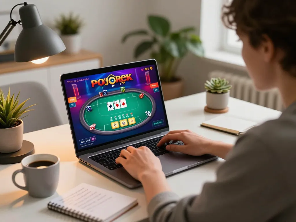 Engage in online gaming at MM88, with poker gameplay illuminated in a cozy home office.