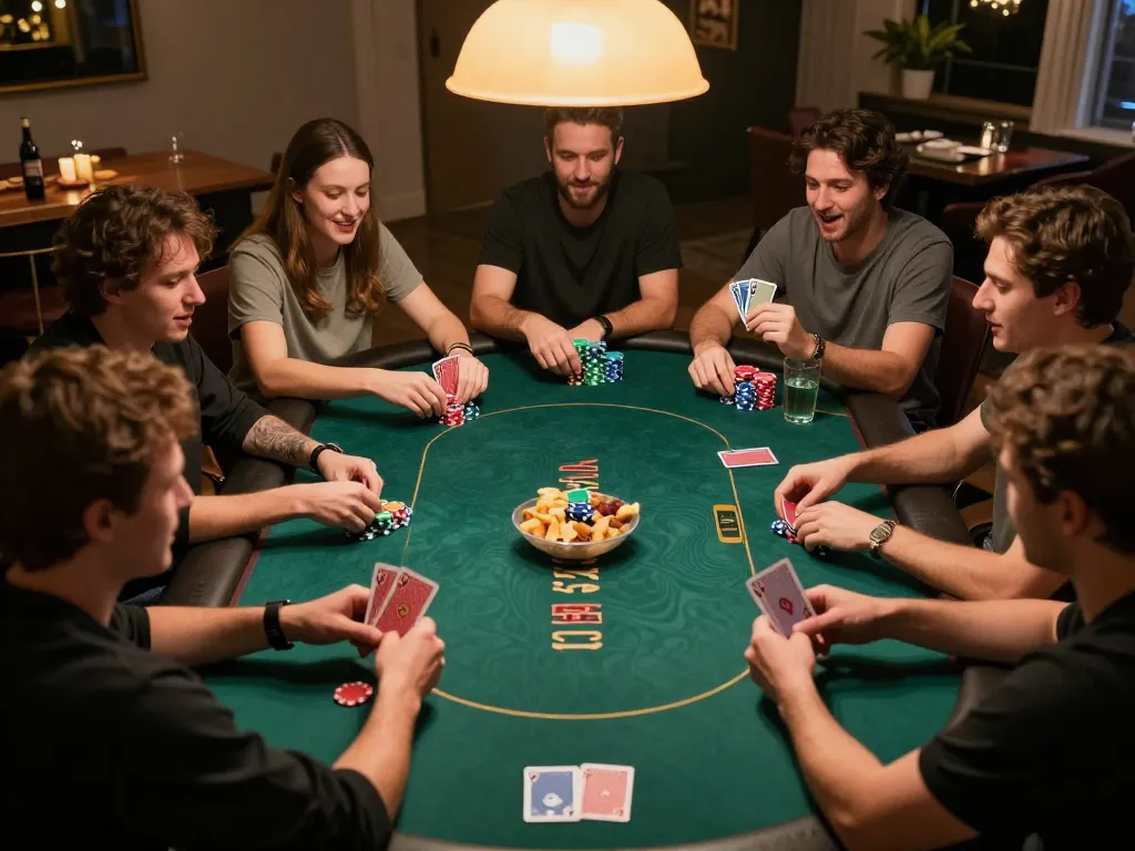 Friends enjoying an exciting home poker night while playing Texas Hold'em, showcasing the KJC Global gambling experience.
