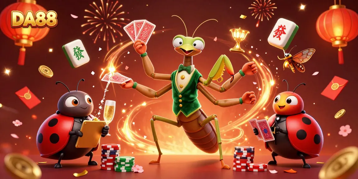 DA88 casino scene with a giant praying mantis card sharp, ladybug pit boss, and festive decorations.