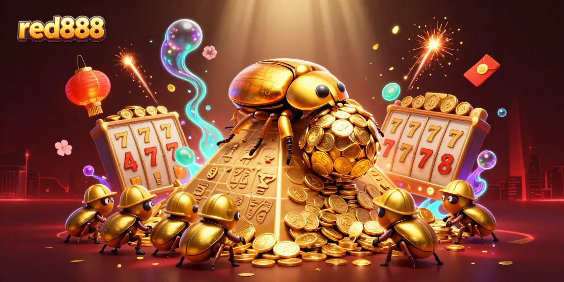 Experience the thrilling action of red888 as a golden dung beetle rolls coins into a colorful casino world.