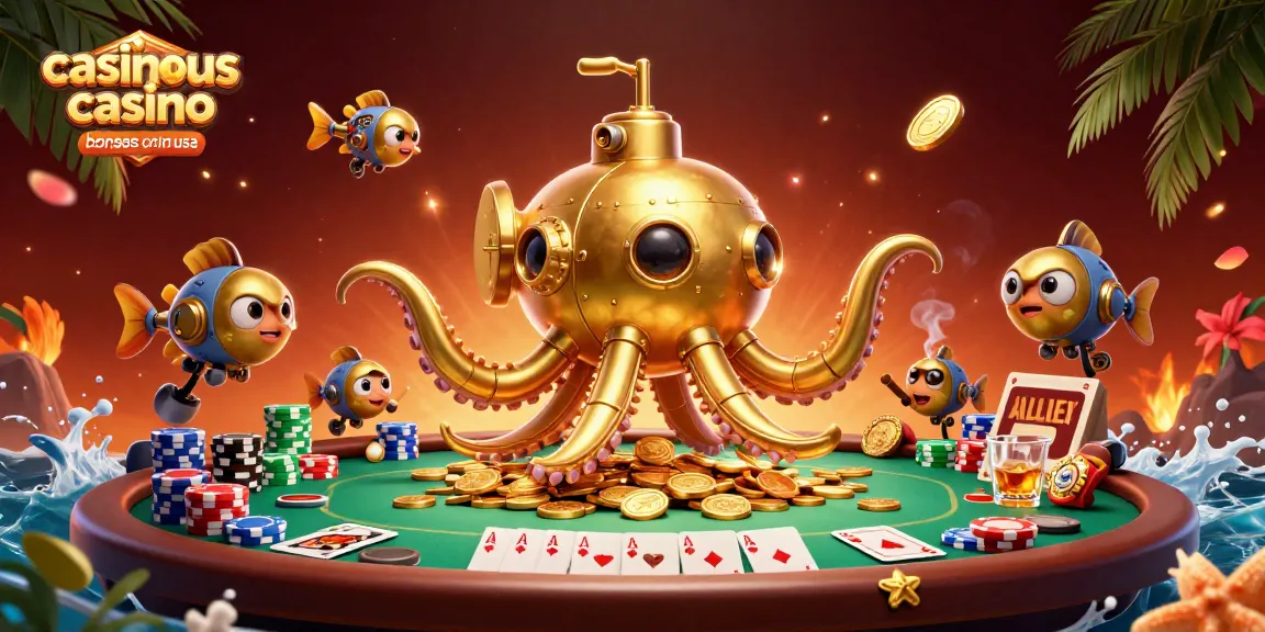 Engage with casinous casino bonuses online usa featuring a golden kraken submarine amidst a vibrant, colorful casino atmosphere.