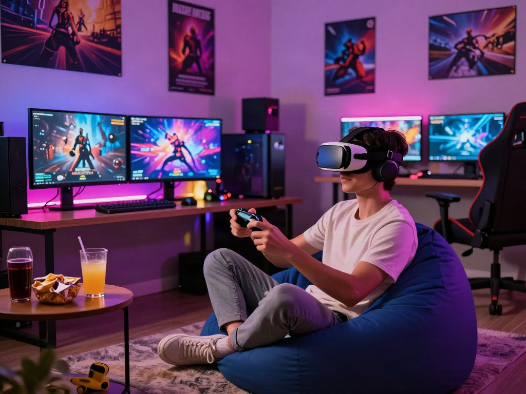 Engaging scene of a gamer enjoying interactive porn games with VR headset.