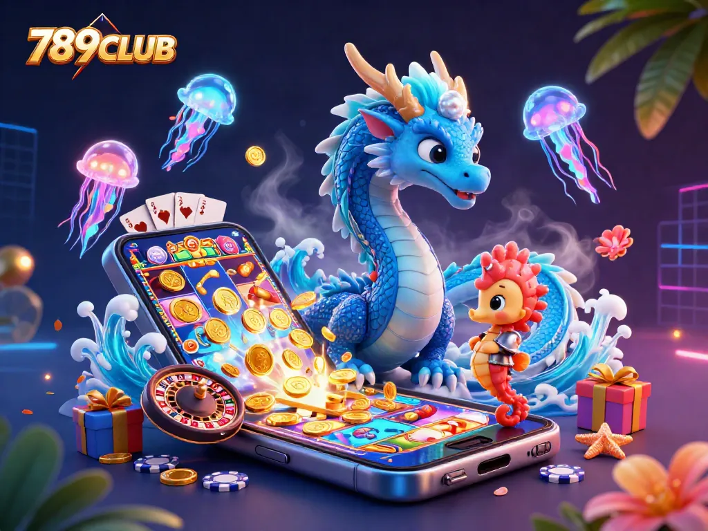 Engage with the 789CLUB casino world featuring a dragon, seahorse knight, and vibrant gaming elements.