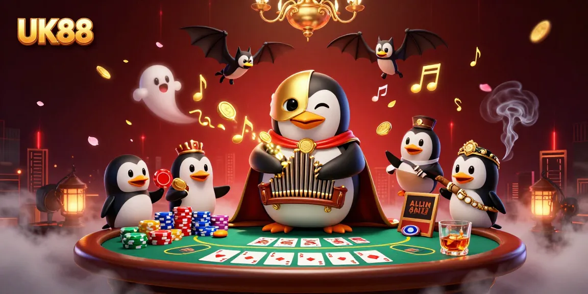 Experience UK88's vibrant gaming scene with a lively penguin organist amidst gold coins and poker excitement.