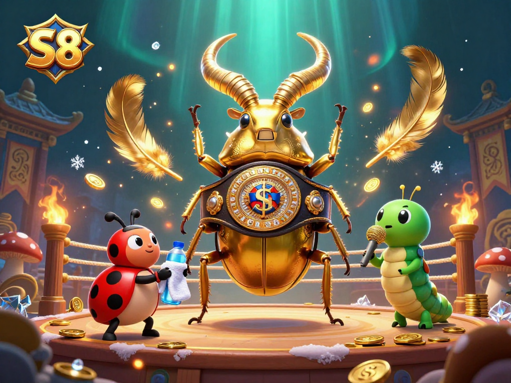 S8 showcases thrilling gambling action with a giant stag beetle champion and engaging elements in a vibrant arena.