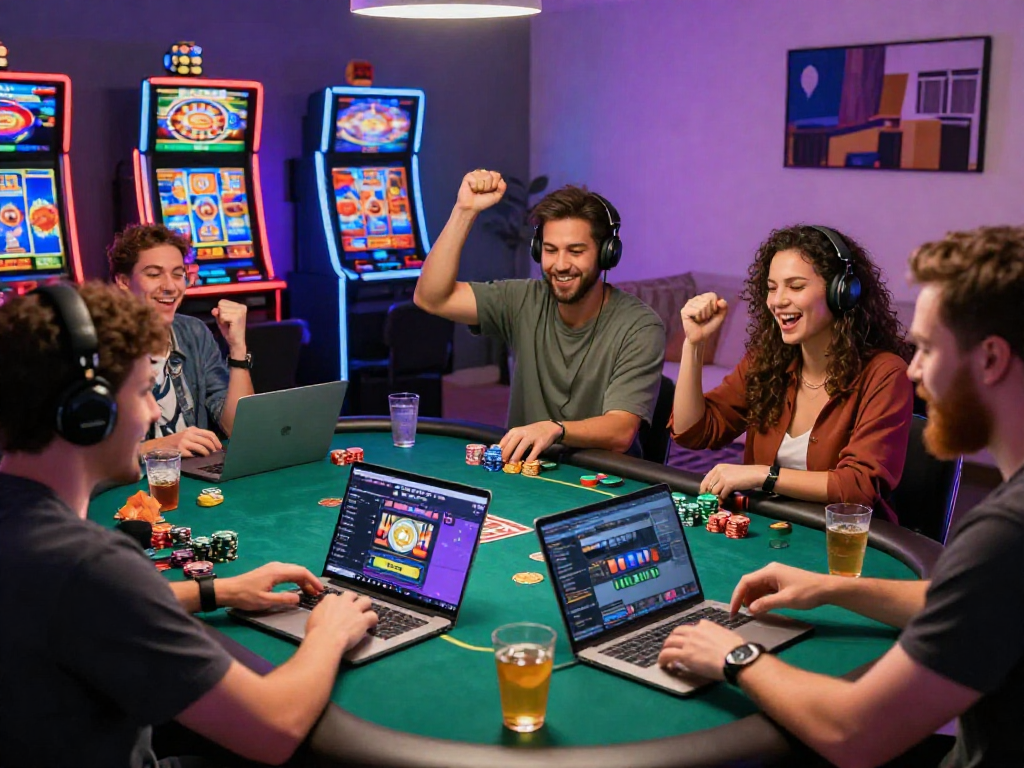 Engaging crypto casino scene with friends playing poker online, showcasing digital gaming excitement.