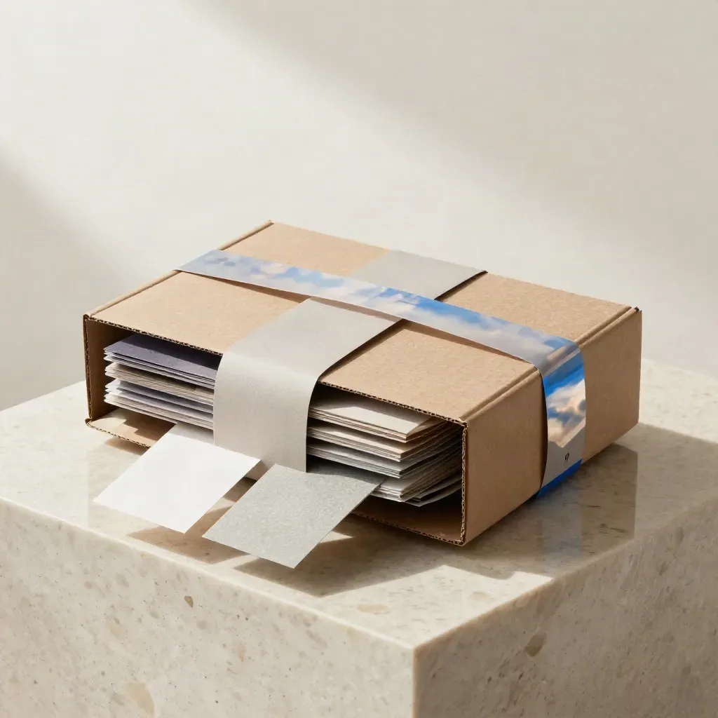 Pacchetto abbonamento trimestrale con inserti editoriali e riflessi blu su sfondo luminoso.