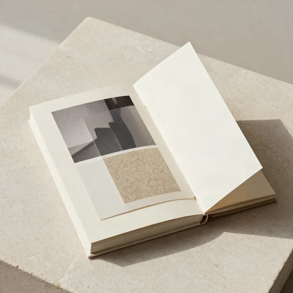Libretto guida su lana grezza con inserti carta, visto dall’alto.