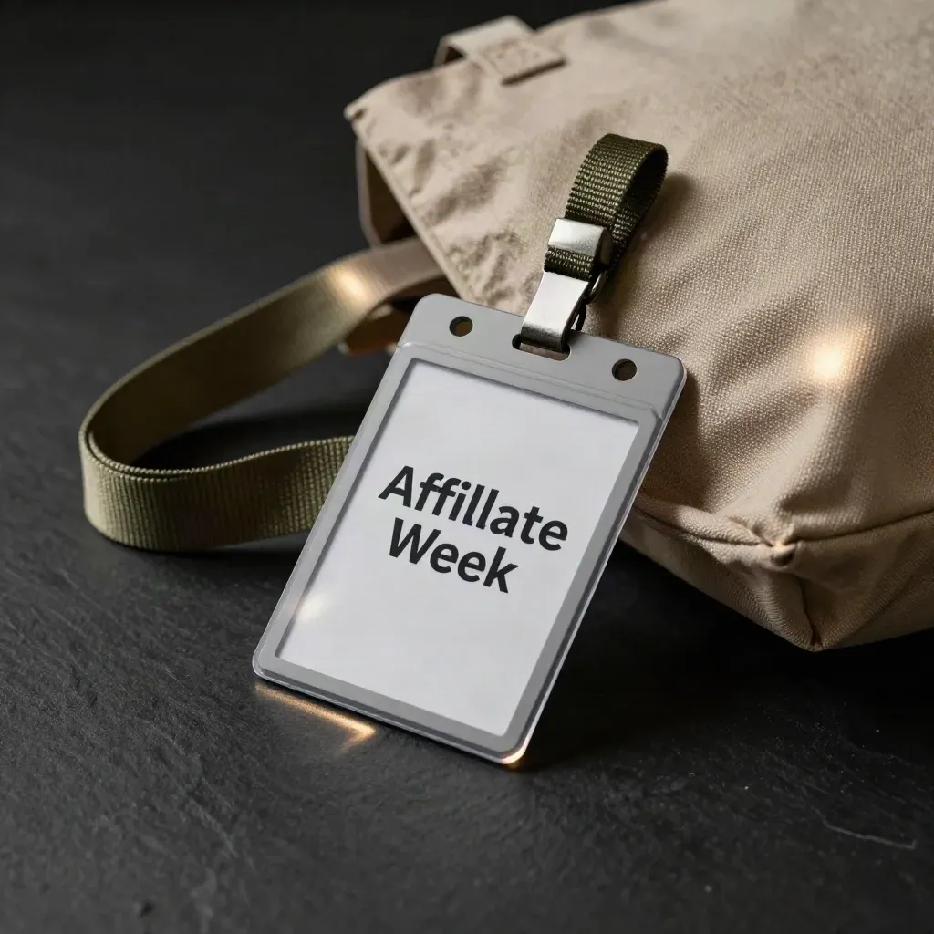 Pass evento con porta-badge e laccetto arrotolato su fondo nero, luce di palco e dettagli tessili.