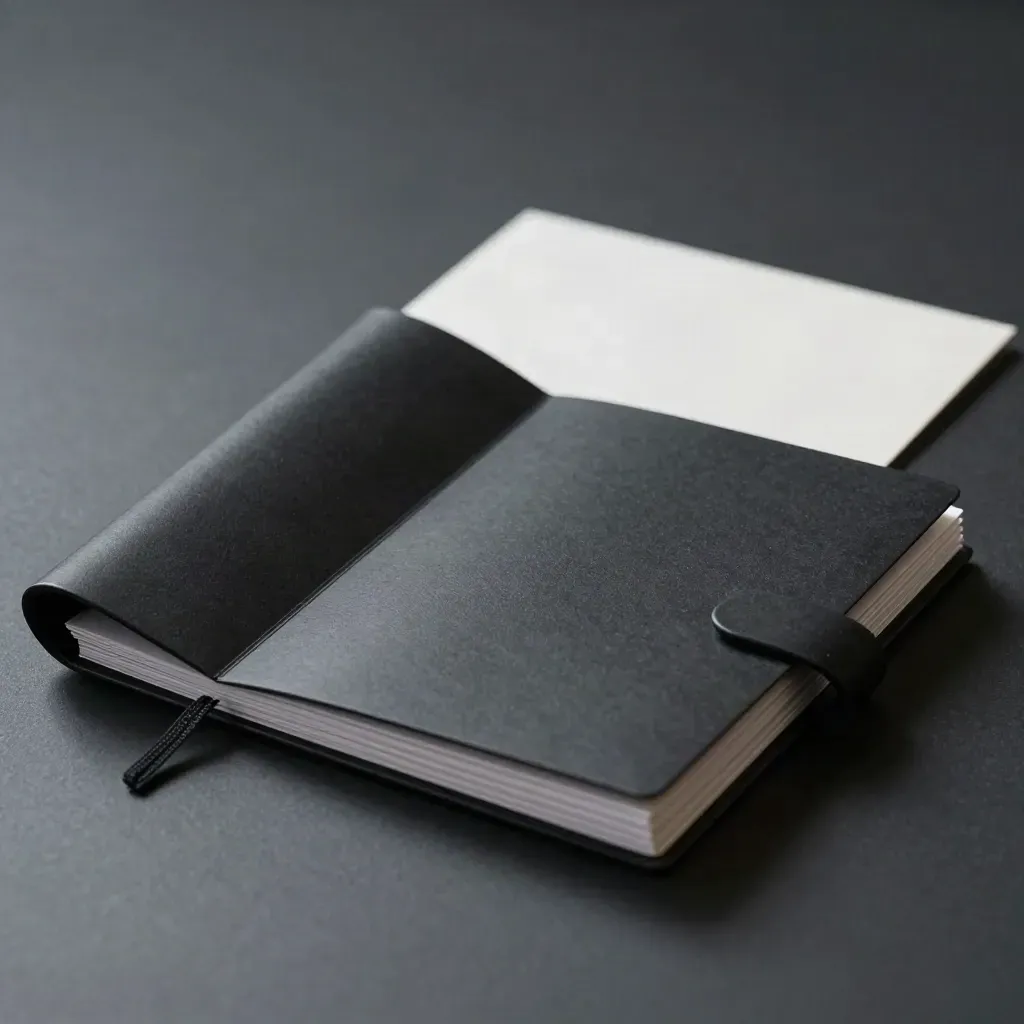 Folio mensile in carta opaca con elastico sciolto, ripreso di tre quarti dal basso.