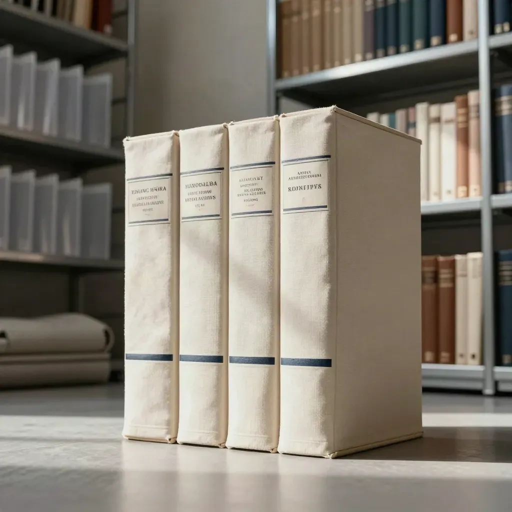 Archivio annuale a quattro volumi su base chiara in un archivio moderno, con atmosfera elegante.