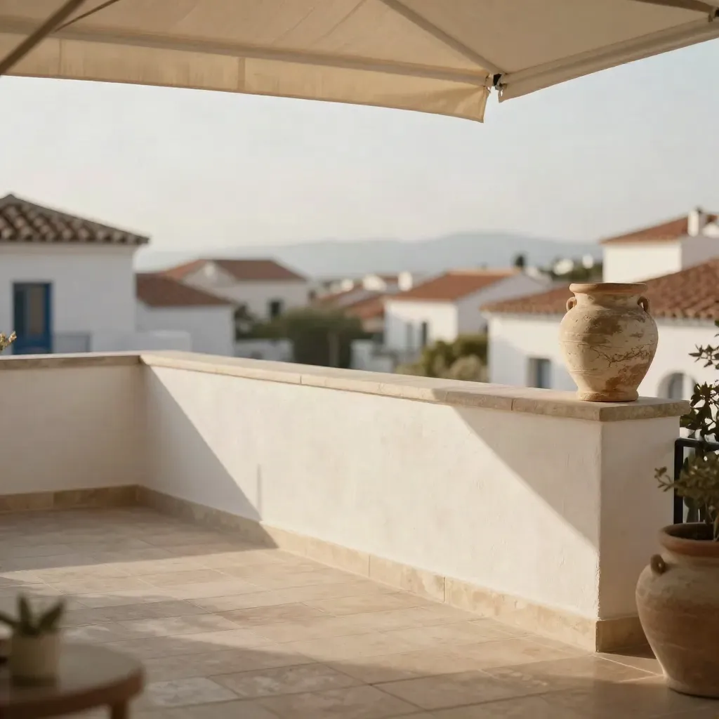 Terrazza mediterranea luminosa con intonaco chiaro, tetti lontani sfocati e ombra lunga