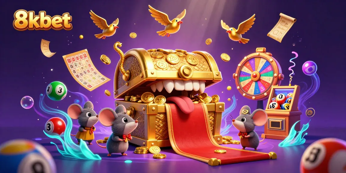 Join the excitement at 8kbet with dynamic lottery balls and treasure-filled characters for endless entertainment.