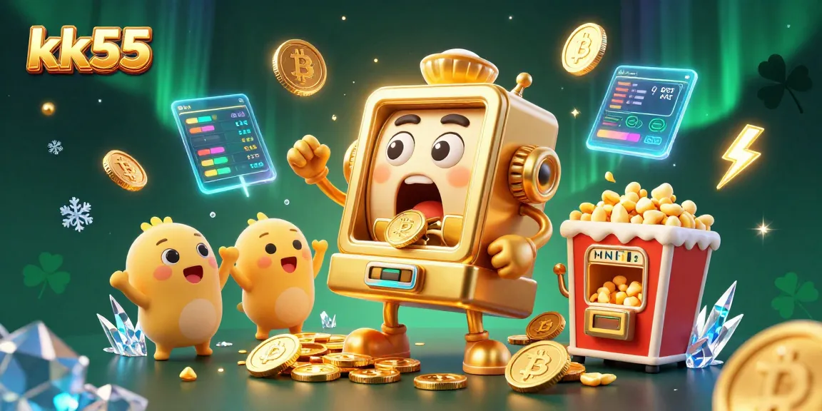 Experience the excitement of kk55 as cartoon slot machines celebrate a jackpot amidst crypto coins.