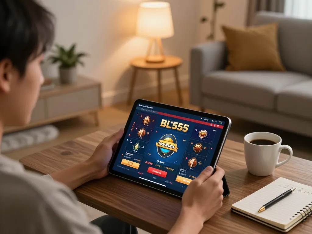 The user engages with the nhà cái BL555 online casino interface on a tablet in a cozy living room, illustrating responsible gaming.