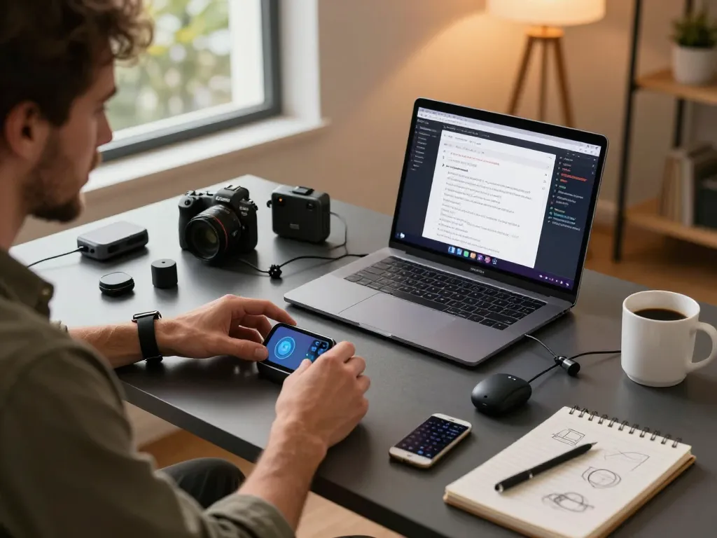 Engaging workspace showcasing a man exploring the best tech gadgets for men, surrounded by Bluetooth devices and tech tools.