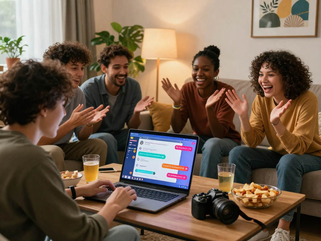 Friends enjoying spicy chat ai on a laptop in a cozy living room, showcasing vibrant interaction and social connection.