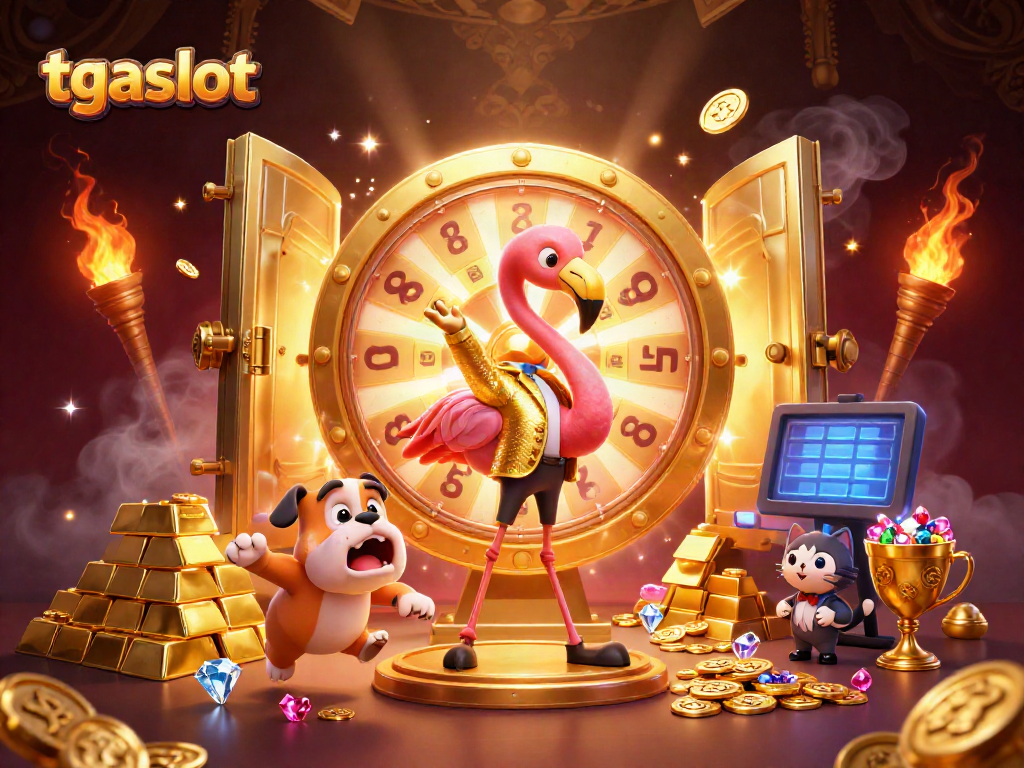 ในภาพมี tgaslot กำลัง spin วงล้อรางวัลทองคำพร้อมกับคอนเทสต์บูลด็อกตื่นเต้น