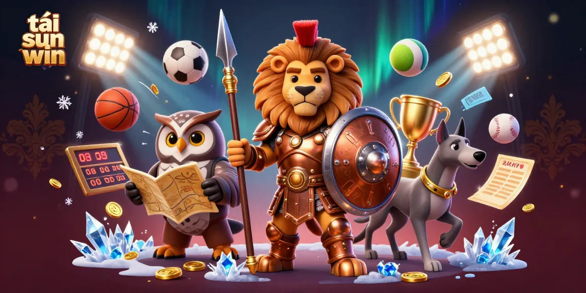 Tải sun win and win big with this immersive 3D casino scene showcasing a Spartan lion, tactical owl, and swift greyhound.