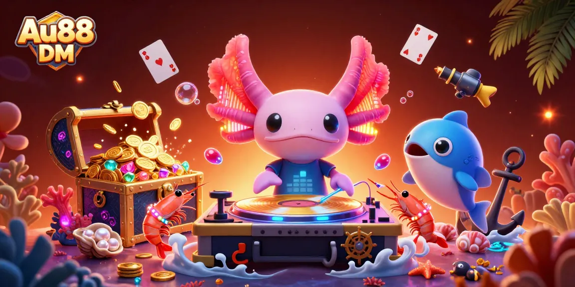 Experience the thrill of Au88 DM with neon axolotl DJ spinning records in a lively underwater casino scene.