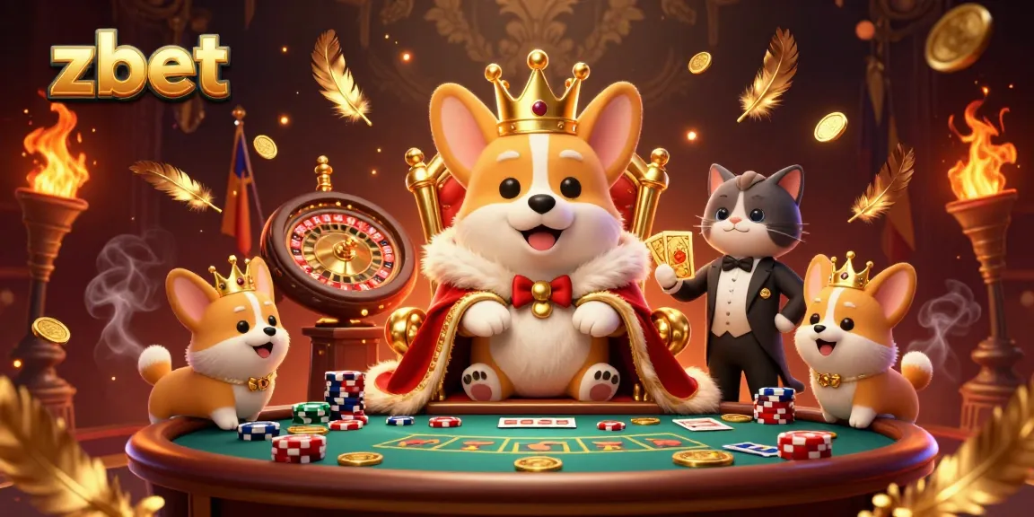 Experience thrilling bets with ZBET's 3D royal corgi scene amidst exciting casino elements.