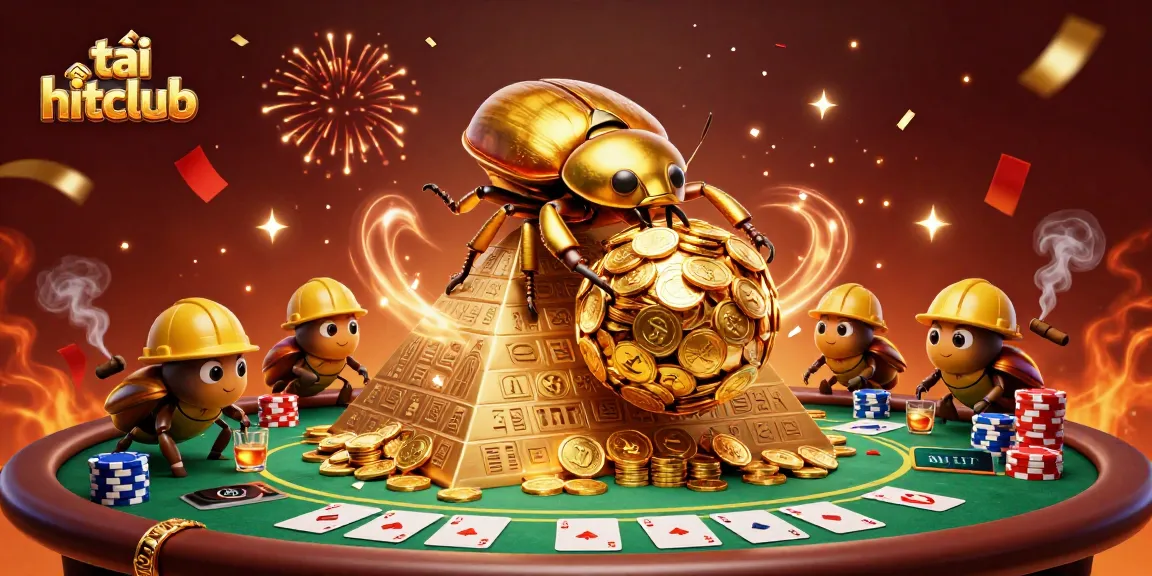 Experience the excitement as you tải hitclub, rolling in rich casino rewards with our illustrated beetle scene.