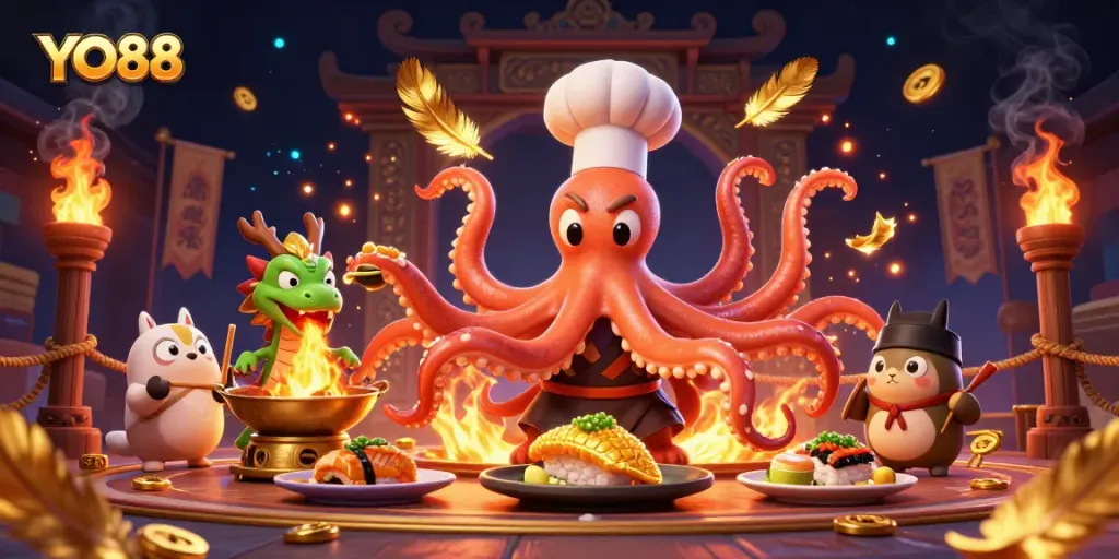 Spice up your bets with YO88's vibrant 3D casino artwork featuring an octopus chef and dragon!