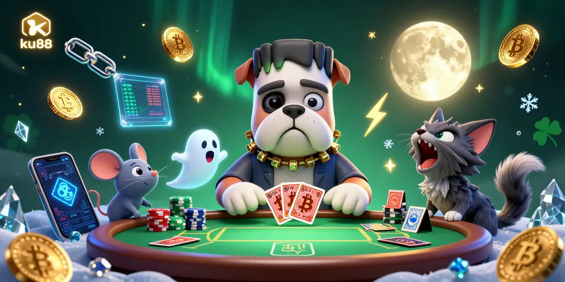 ku88 poker scene showcasing a Frankenstein bulldog dealing cards amidst floating cryptocurrencies