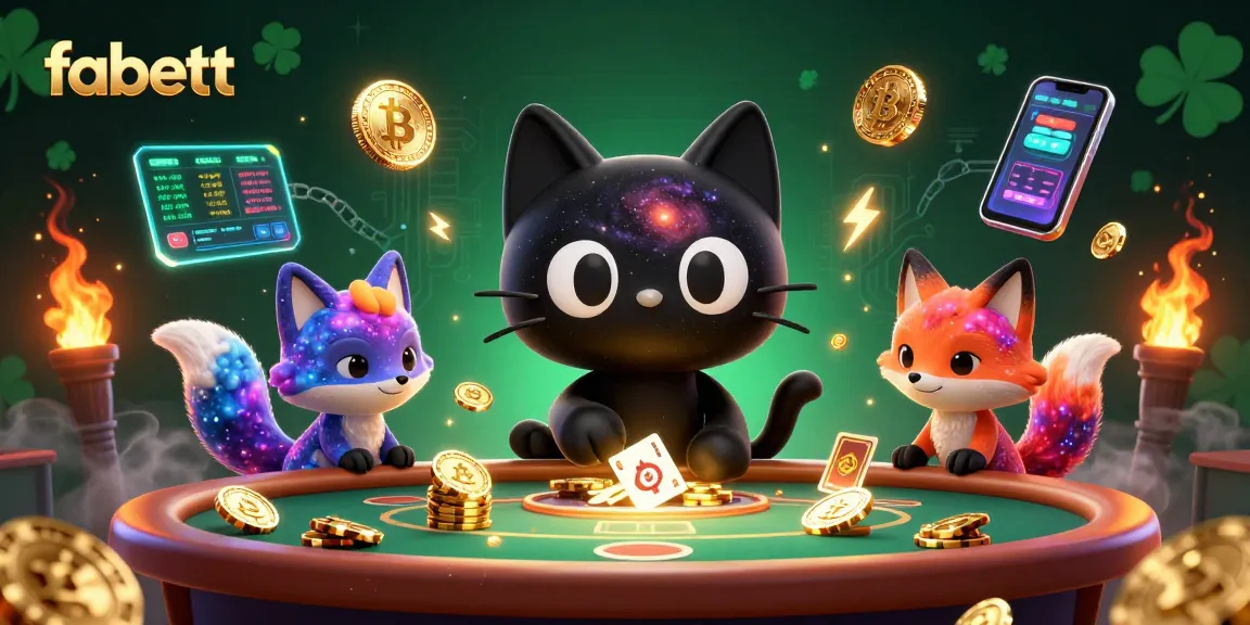 Experience fabett's cosmic casino with a black hole cat and nebula fox surrounded by colorful crypto elements.