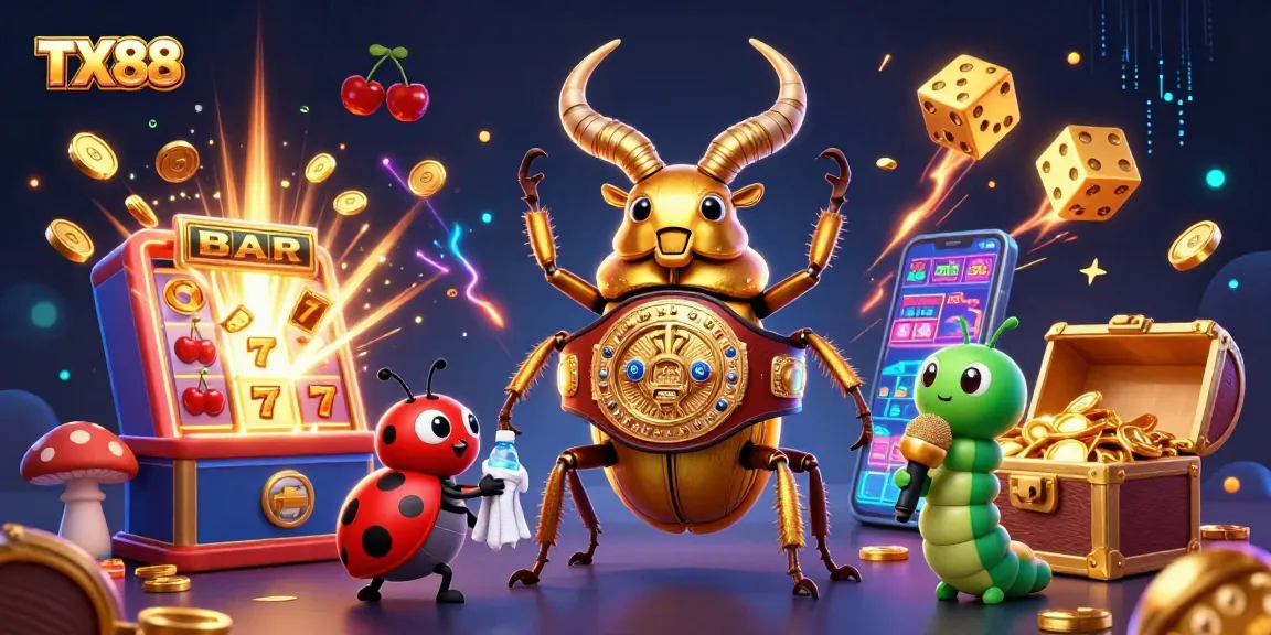 TX88 players rejoice as a giant golden stag beetle champions a vibrant casino scene filled with jackpot excitement.