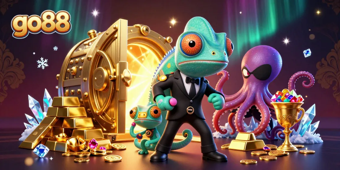Experience thrilling action at go88 with a chameleon agent, gecko Q, and octopus villain amidst dazzling casino treasures.