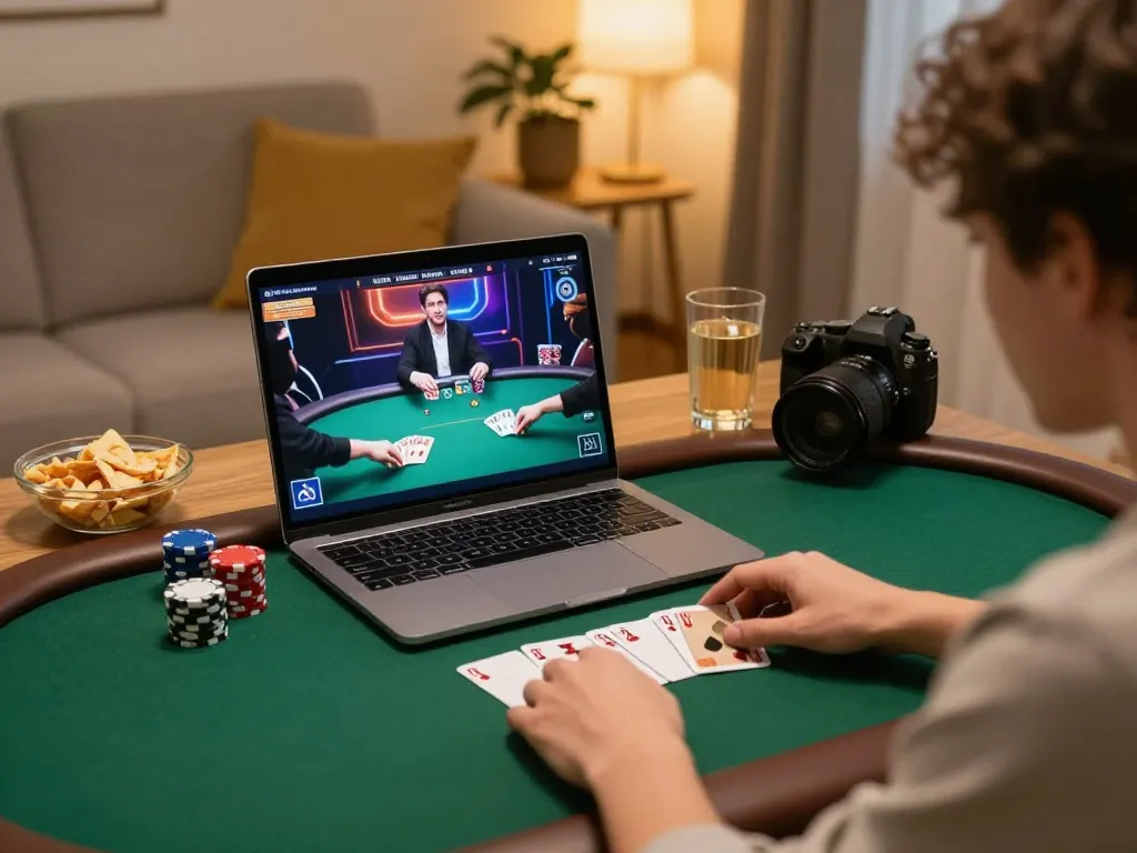 F168 online gambling setup showcasing a player engaged in poker action during a home gaming session.