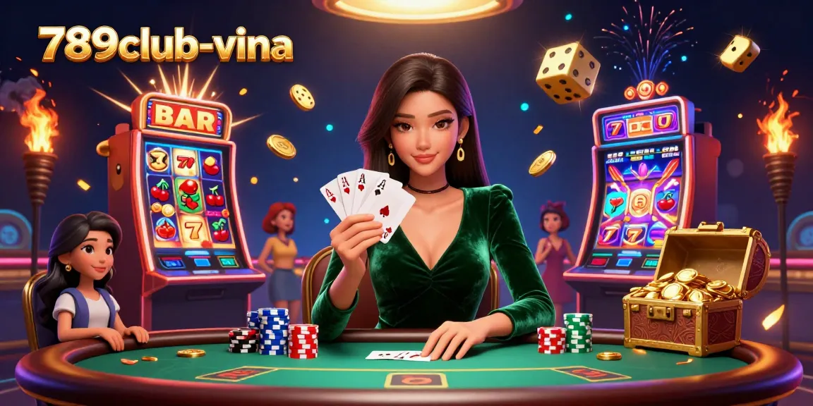 Engage in thrilling challenges at 789club-vina, featuring a vibrant casino scene with poker and slot excitement.