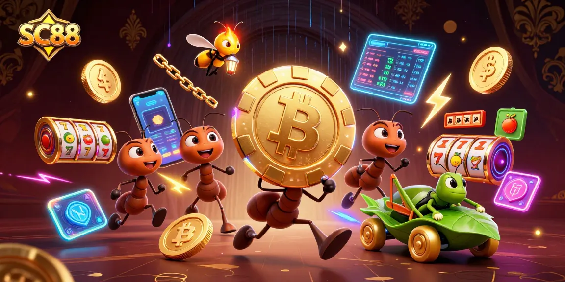 SC88 ants heist scene with poker chip and crypto elements in vibrant casino setting