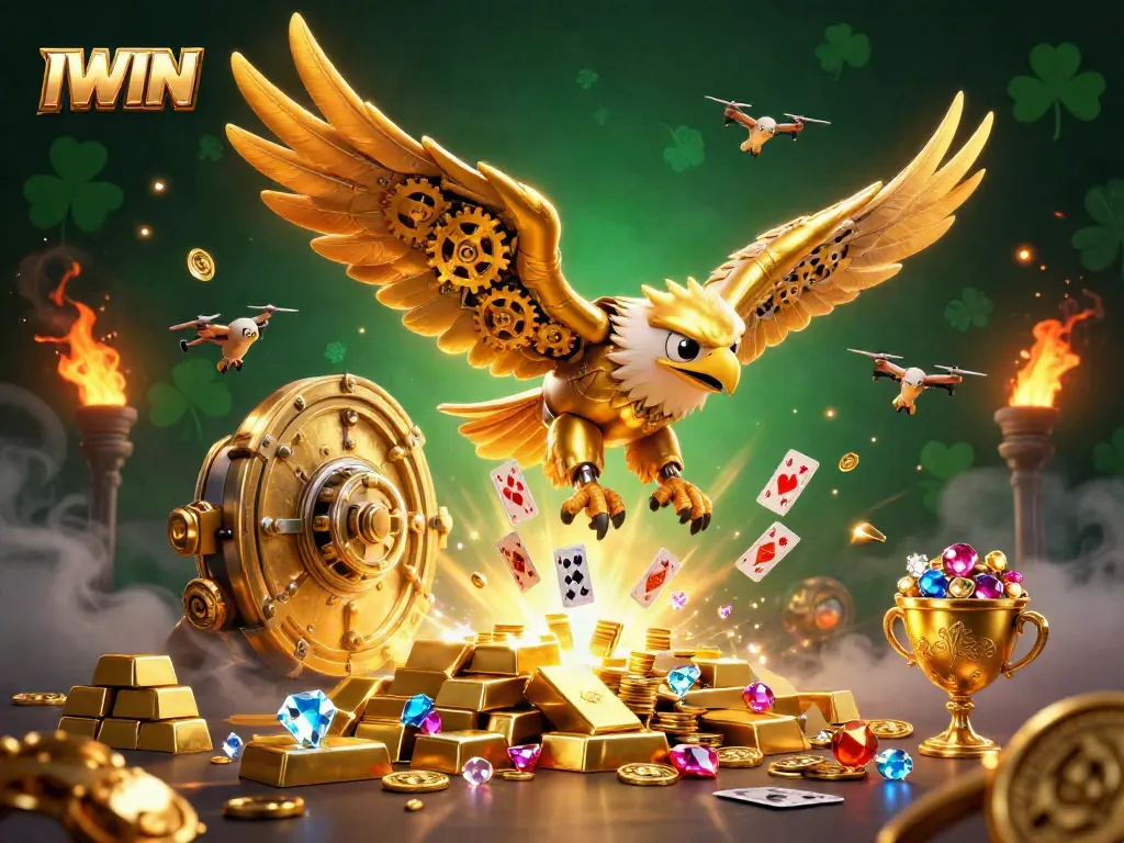 IWIN showcases a vibrant, dynamic casino scene featuring a golden eagle with holographic playing cards, treasures, and rich casino elements.